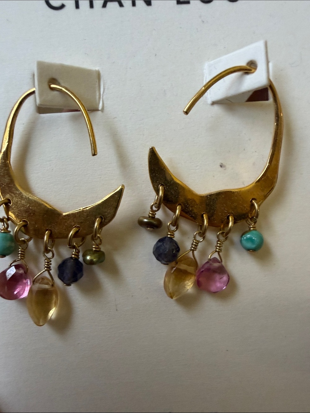 Chan Luu Gold Crescent Hoop Earrings with Pink, Yellow, Blue and Green Stones - Picture 3 of 3
